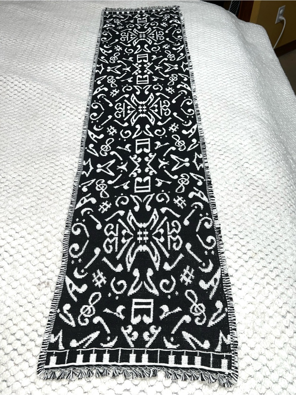 Music Note Table Runner Table Topper Needlepoint Black/White